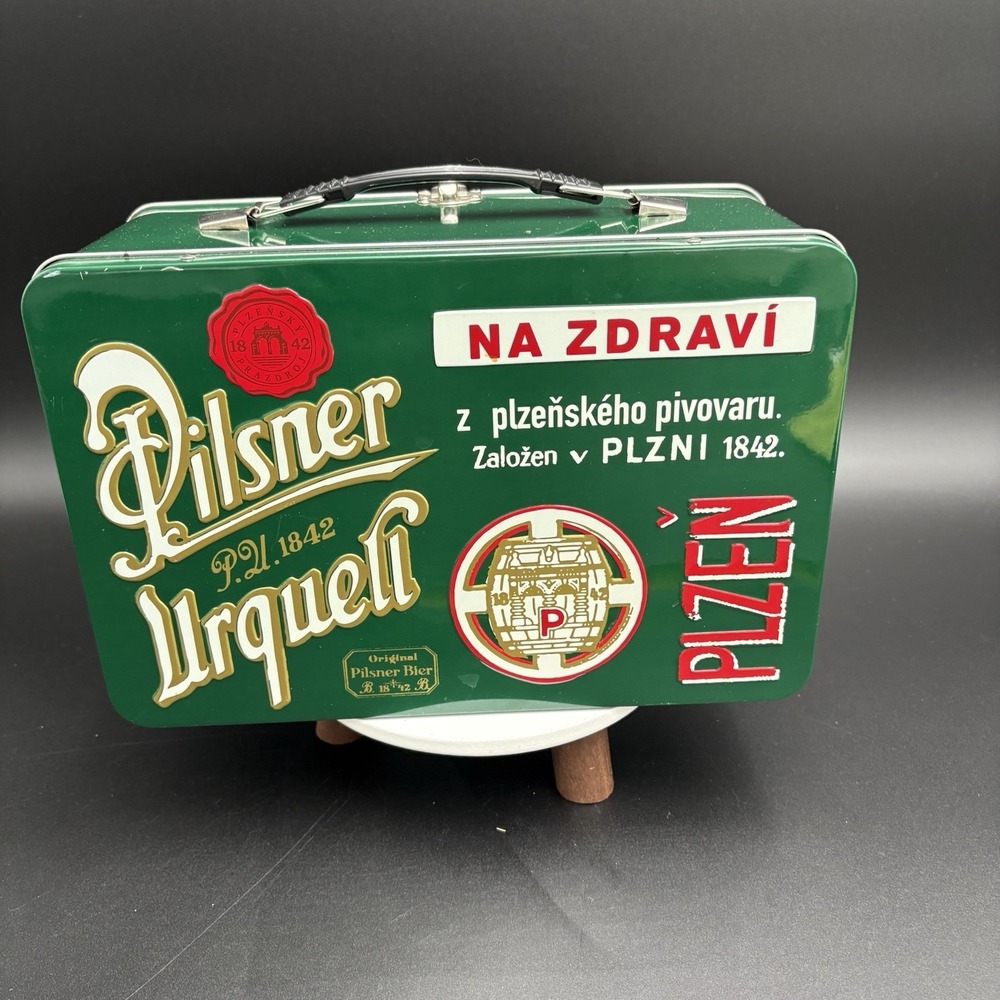Embossed Pilsner Urquell Beer Lunch Box Green Metal 10.5 x 7 x 5 Clean